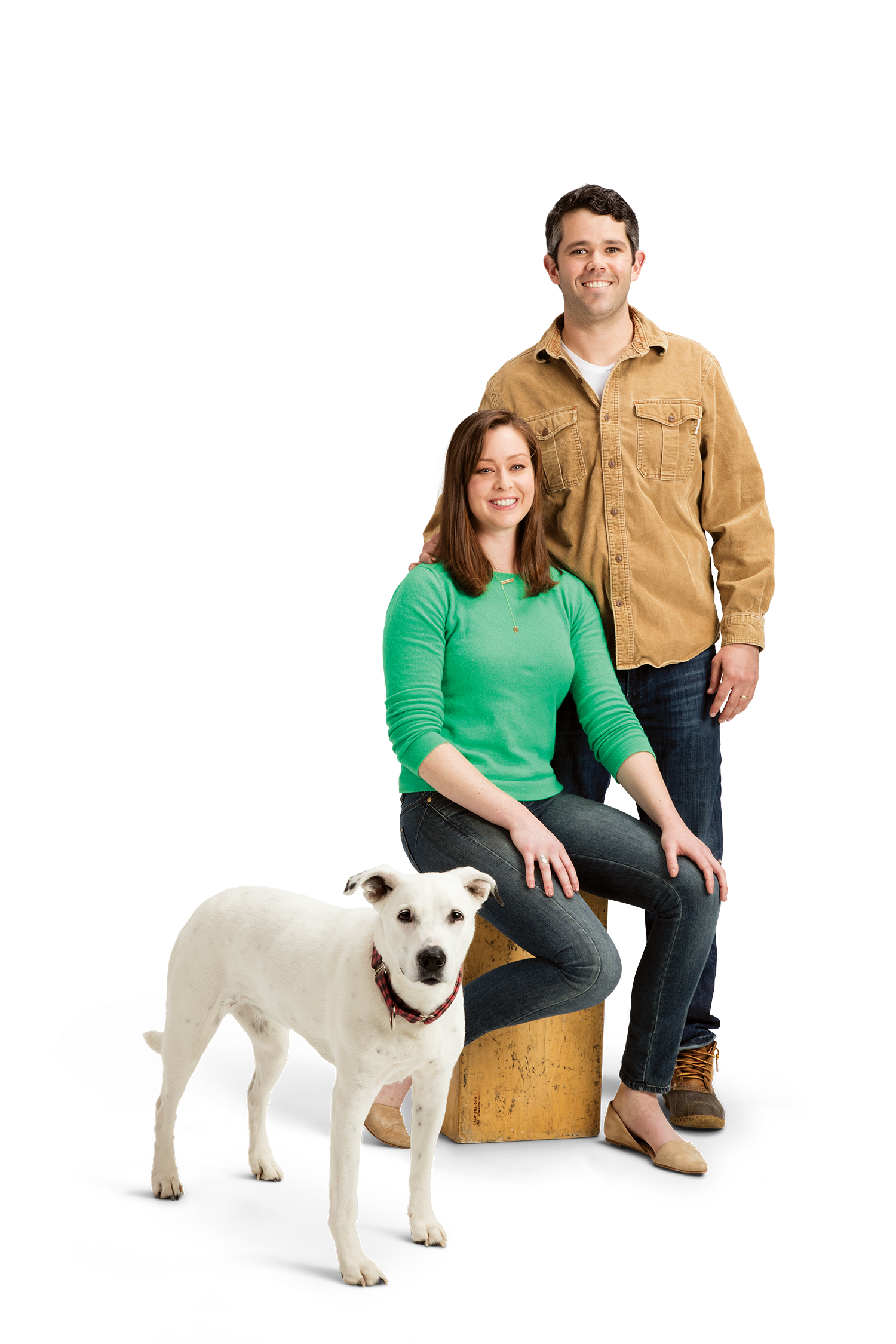 Woman sitting on stump, Man and dog standing