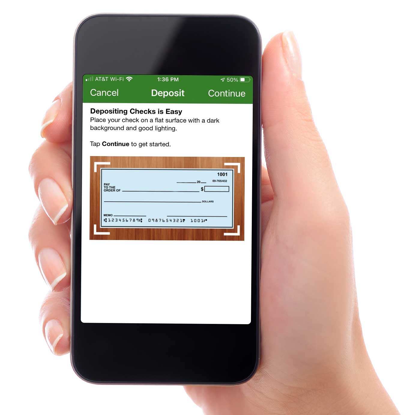 Screenshot of mobile check deposit screen in the GSB Mobile App