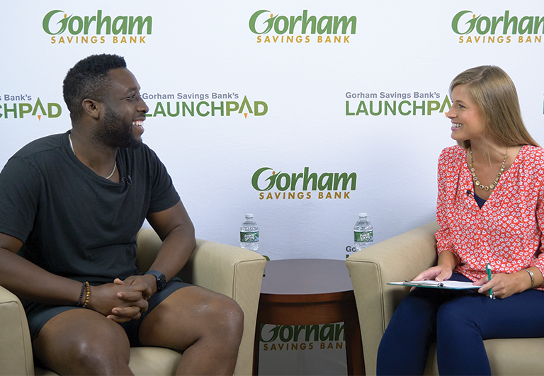 Michael Odokara-Okigbo of NKENNE being interviewed by GSB's Katie Grant (formerly Bellerose)