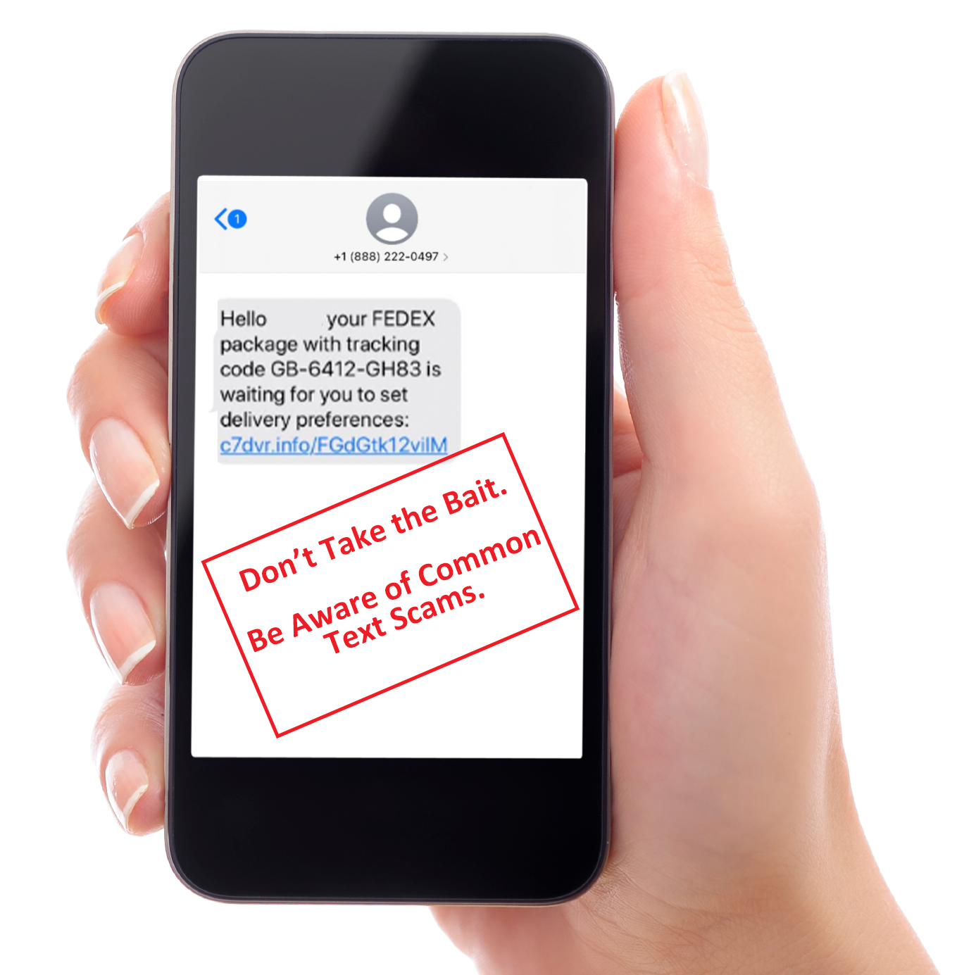 Image of a hand holding a smart phone displaying a text scam known as smishing.