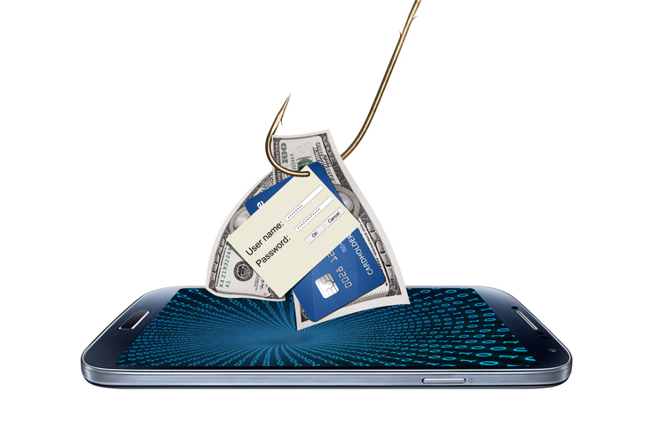 iphone with money, username and password, and credit card being picked up with a fish hook